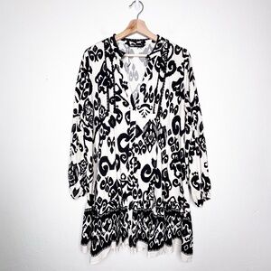 Zara Black Ecru Paisley Style Pattern Mini Dress Long Sleeve Size XXL